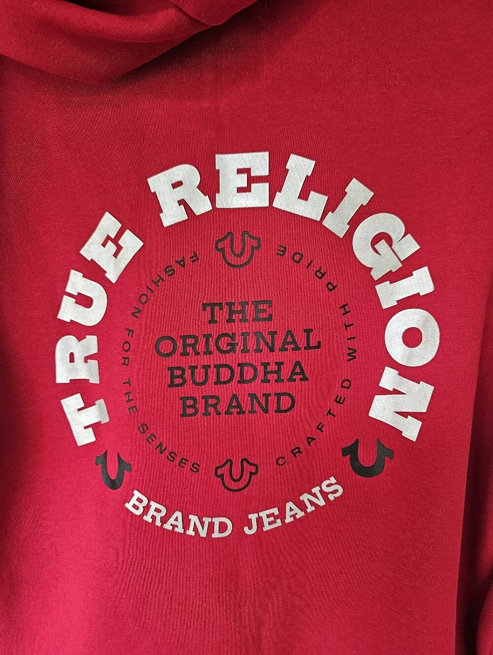 True Religion Bright Red Full-Zip Hoodie with Logo Patch Men's Size Large